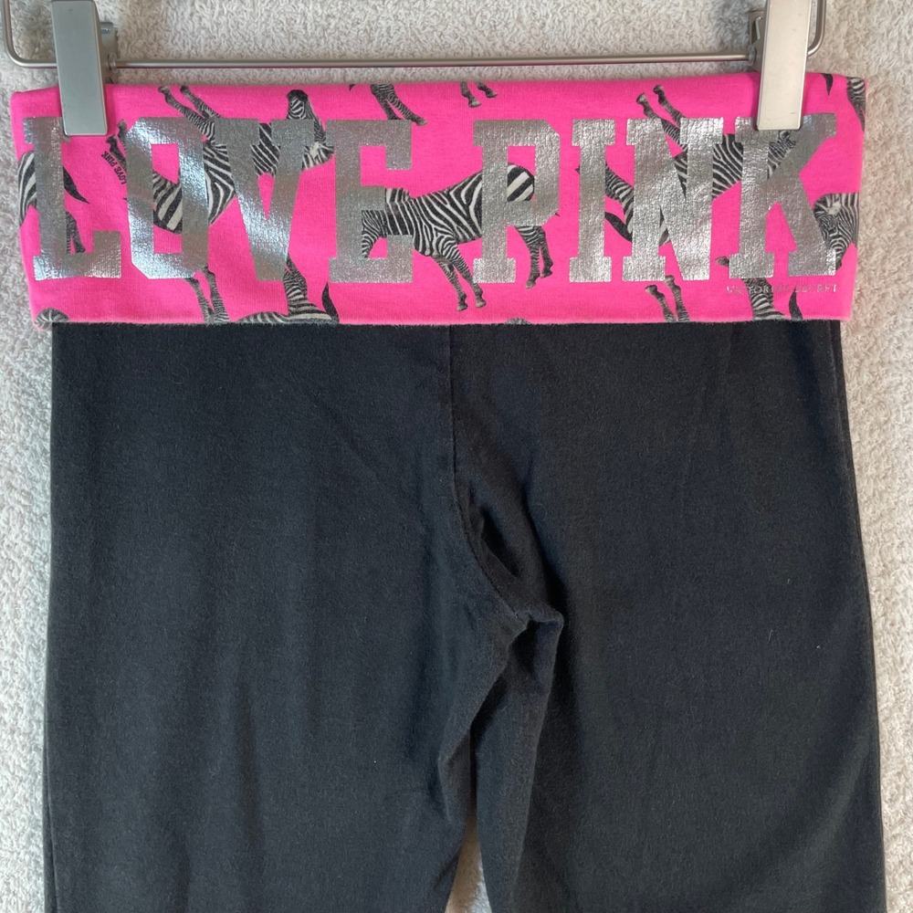 vintage Y2K LOVE PINK foldover flare yoga pants XS silver spellout zebra mcbling